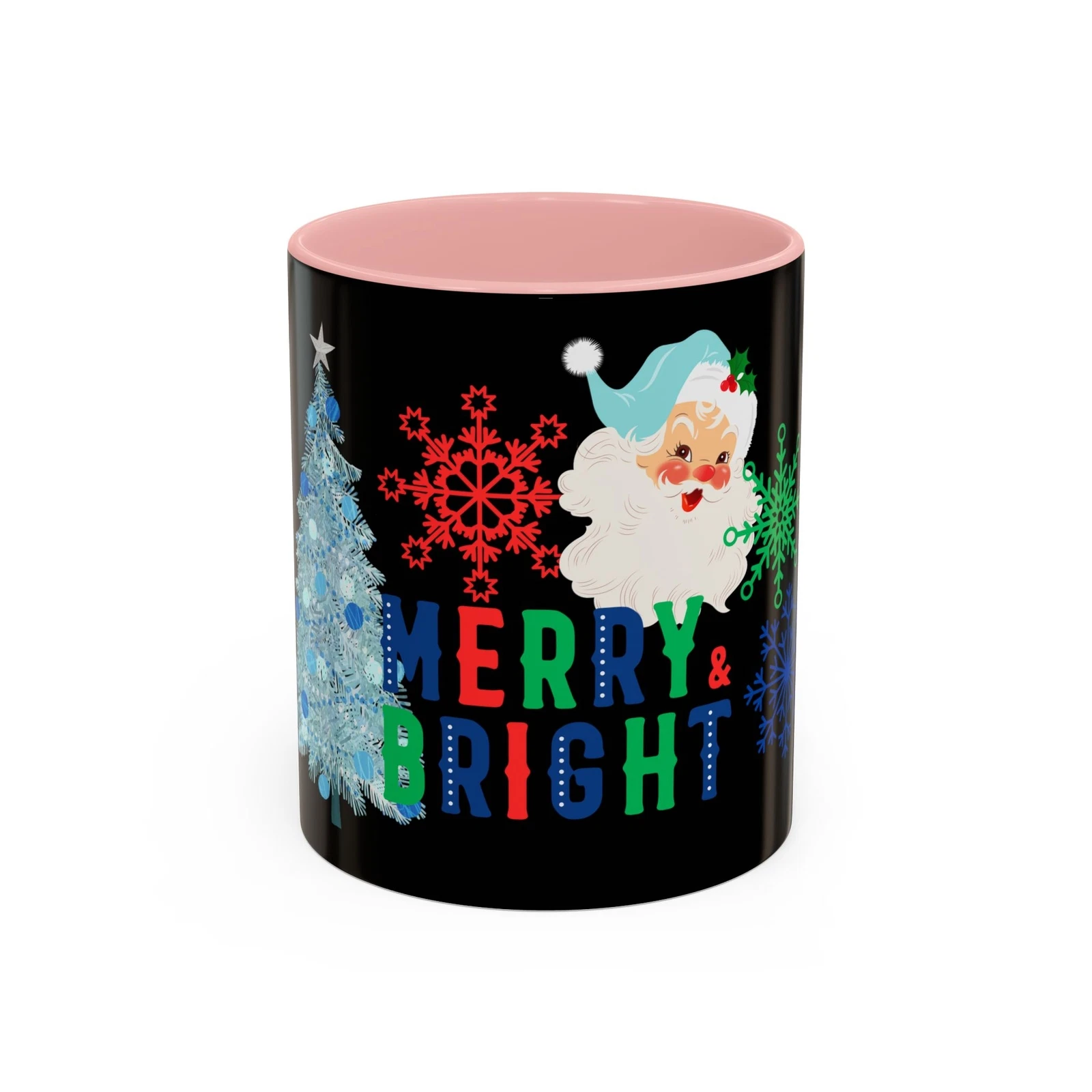 Accent Coffee Mug, Retro Santa Blue Merry Xmas Holiday Cheer Cup, Festive