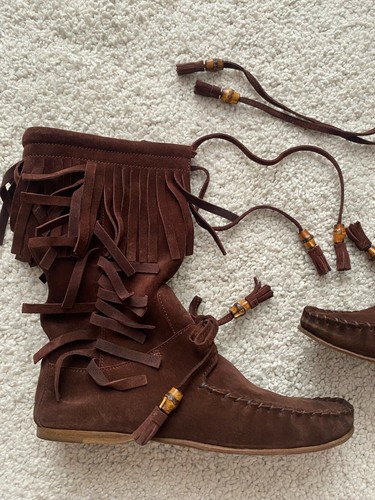 GUCCI Vintage Womens Fringe Flat Boots Brown Suede Bamboo Tassels - Picture 11 of 12