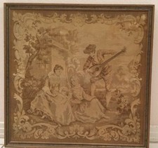 ANTIQUE NEEDLEPOINT TAPESTRY COURTING PAIR W/ CHAPERONE FRAMED FRENCH   26x26