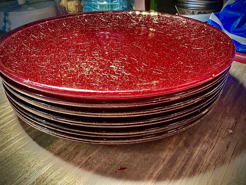 Crate & Barrel Red & Gold Glitter Appetizer Plates 5 7/8”- Dazzle Design! - Image 3 of 4