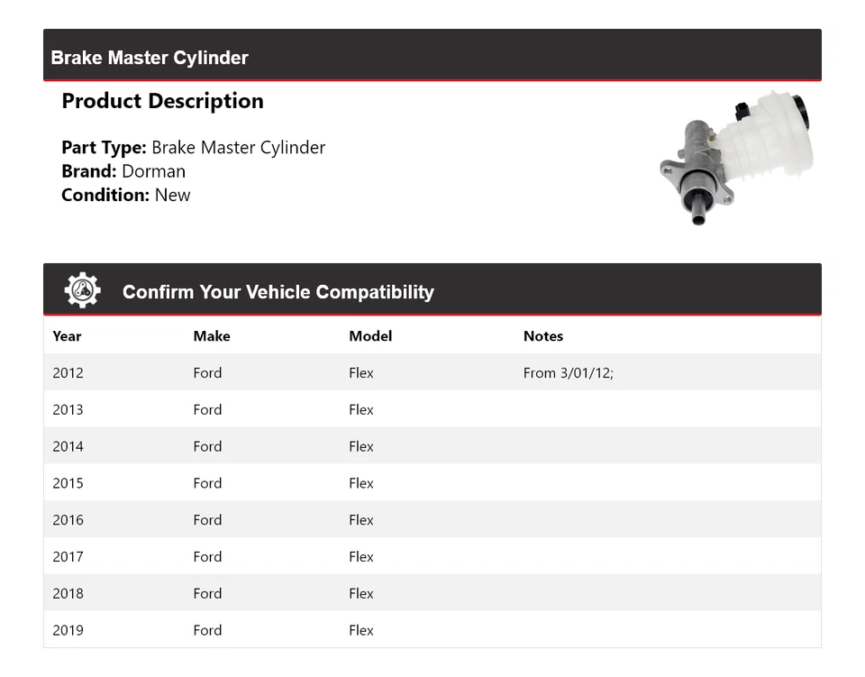 Cilindro maestro de freno Ford Flex Dorman 2012-2019 2013 2014 2015 2016 2017 Foto 2 de 4