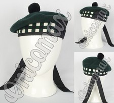Scottish Balmoral Green Wool Military Diced Bonnet Hat Highlander Kilt Cap/Hat