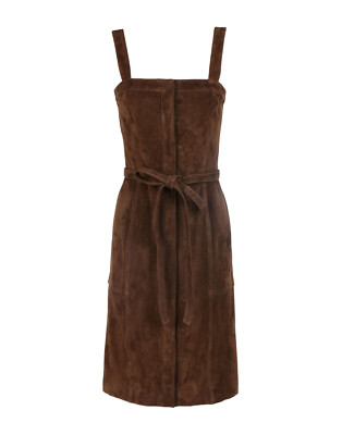 Brown Suede Pinafore Dress Apron Knee Length Sleeveless Snap Front Tie  Closure | eBay