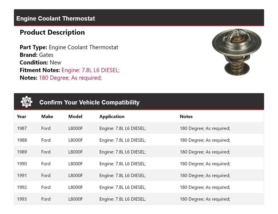 For 1987-1993 Ford L8000F 7.8L L6 DIESEL Engine Coolant Thermostat Gates 1988 - Image 2 of 4
