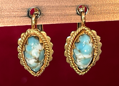18K GOLD PERSIAN TURQUOISE EARRINGS NATURAL GEMSTONE 750 LEVERBACK SIGNED - Picture 18 of 21