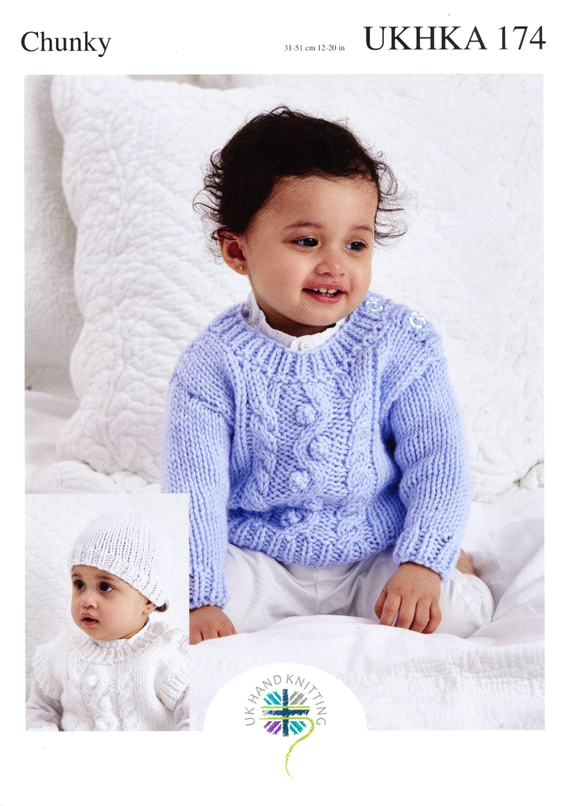 Baby Cabled Sweater Jumper Slipover & Hat Chunky Knitting Pattern UKHKA 174