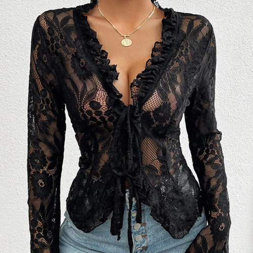 Sexy Damenbluse mit Blumenspitze zum Binden vorne durchsichtig V-Ausschnitt Cardigan Rüschenbluse - Bild 28 von 28