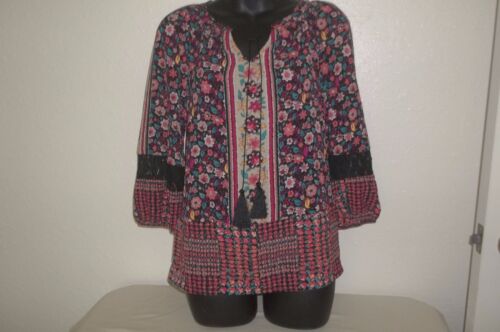 Figueroa and Flower Petite L Floral Multi Color Print Split Neck Boho Top
