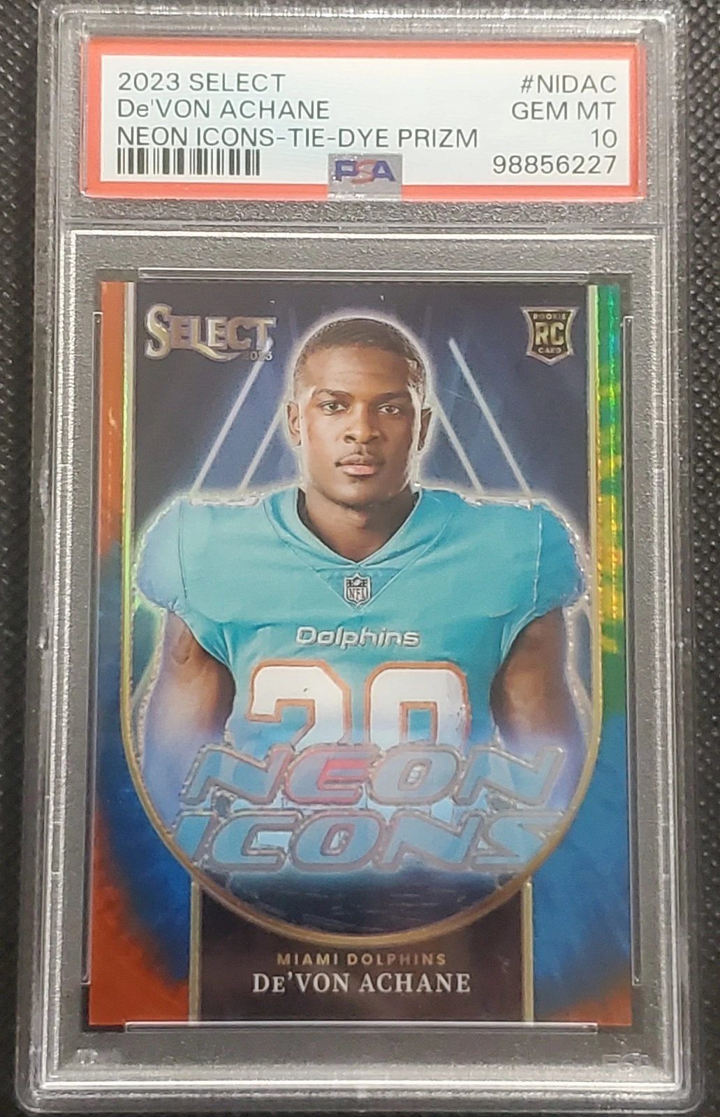 De'Von Achane Panini Select Neon Icons #NIDAC Tie-Dye Prizm