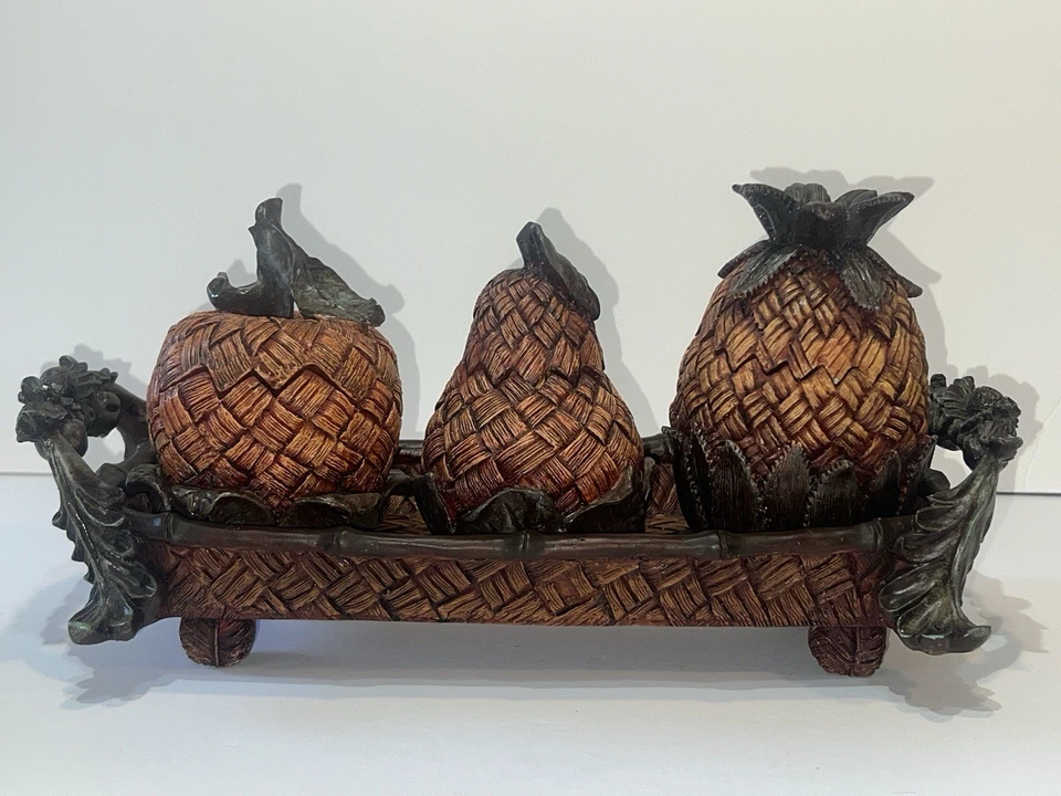 Juego de 4 baratijas de frutas de resina almacenamiento piña, pera, manzana con soporte ornamentado Foto 2 de 4