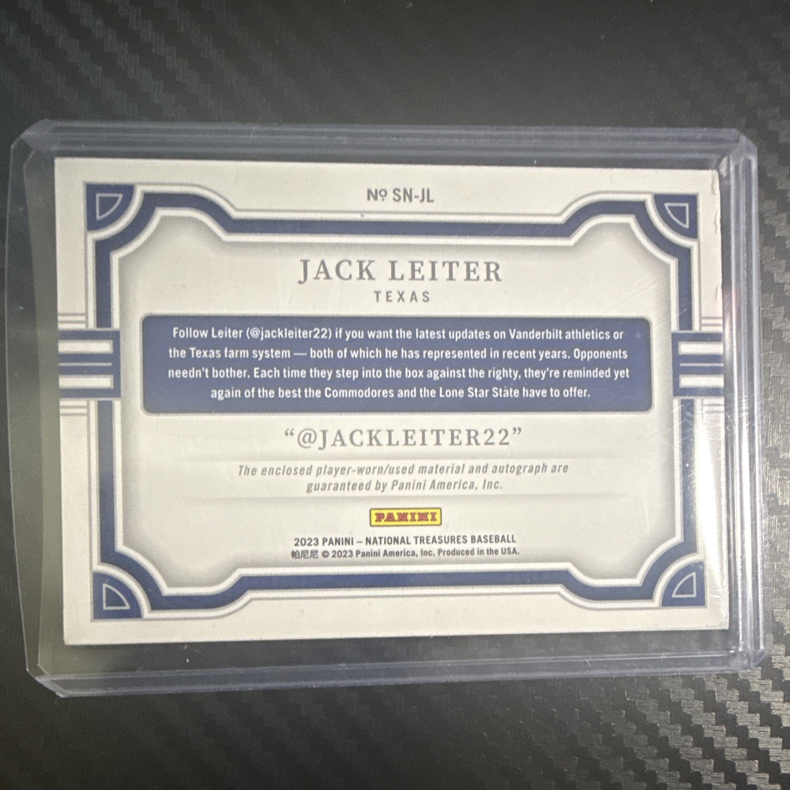 Panini 2023 National Treasures Baseball Jack Leiter Rangers Auto Relic #SN-JL view 2