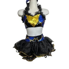 Black Gold Dance Cheer Pageant Costume Sequins Girls Medium CM 6pc Halter Tutu