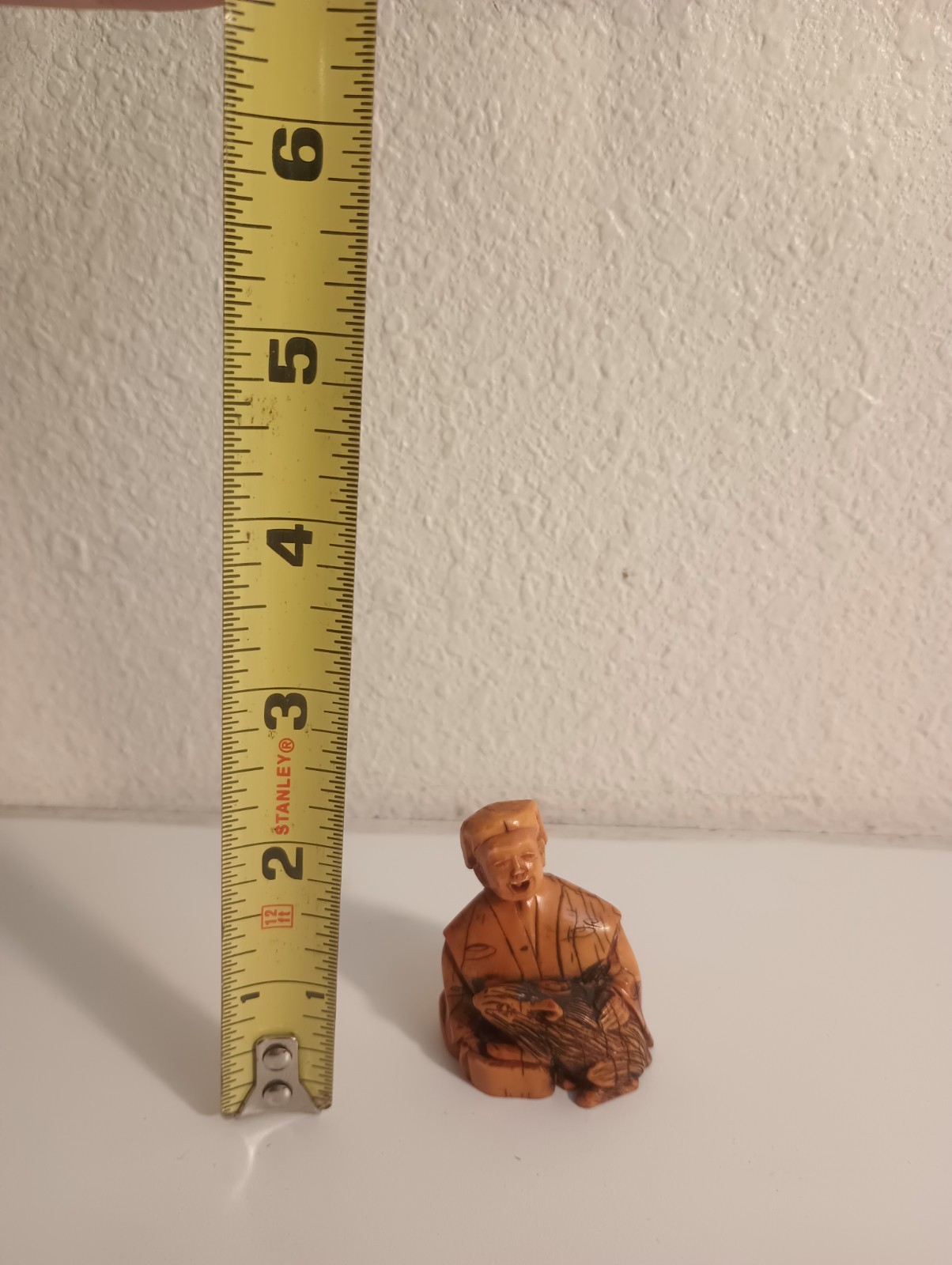Netsuke Wooden Figure Man Holding Rat Tongue Sticks In & Out Wood 