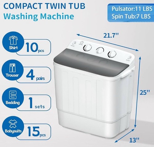 Portable Twin Tub 18lbs Semi-automatic Washer Combo for Dorms, Apartment, black