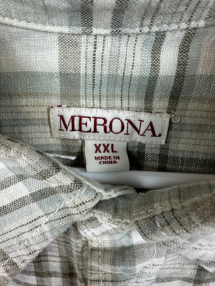 Merona Shirt Mens 2XL Plaid Linen Cotton Short Sleeve Button Up Pocket - Image 4 of 4