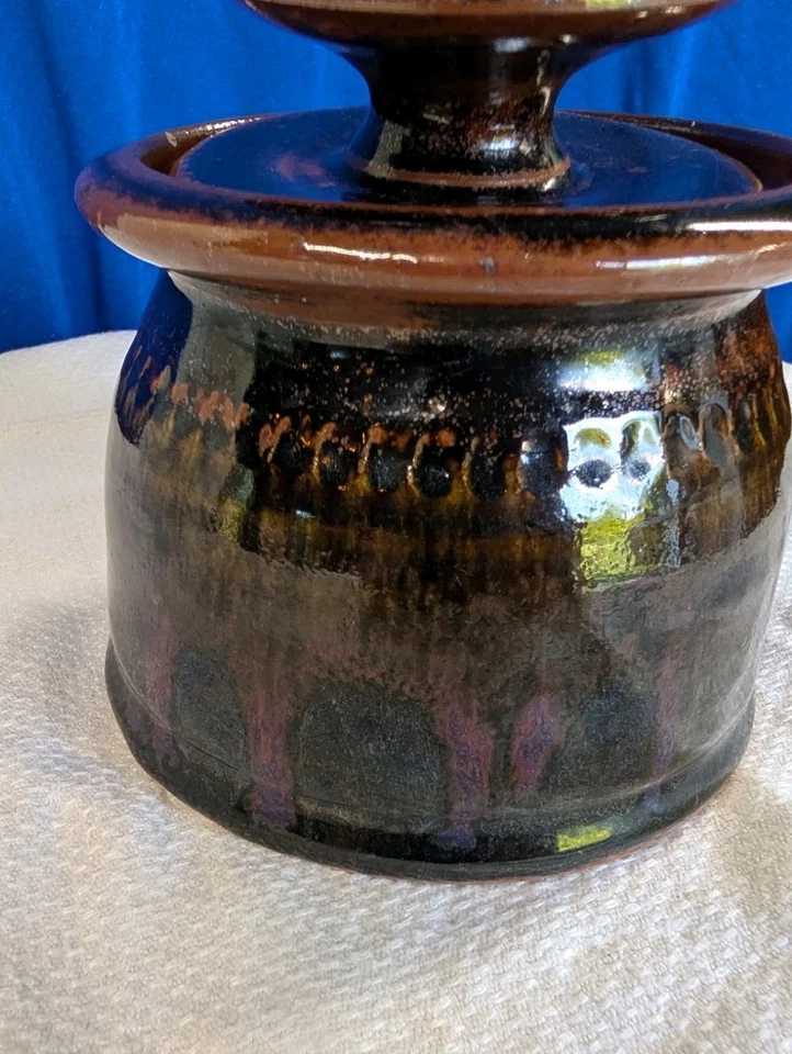 Ручной работы художественная керамика французский масло колокол 4» коричневый фиолетовый глазурь тисненый Makermark - Изображение 3 из 4