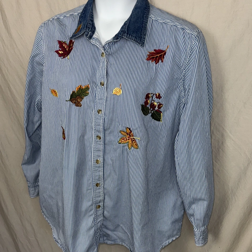Camisa Denim Vintage Hojas de Otoño Bordada 22/24W 100% Algodón Solo Mi Talla Foto 3 de 4