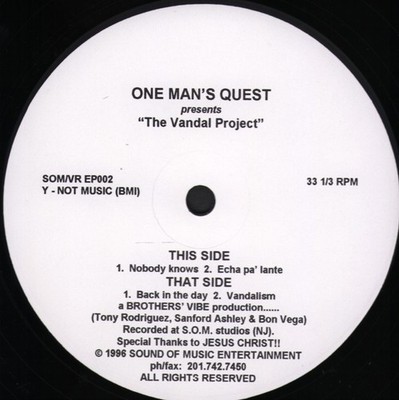 One Man's Quest Vandal Project 12'' vinyl USA Vandal 1996 in stickered sleeve