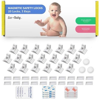 Eco-Baby Magnetic Cabinet Locks for Babies - Keyless, White, 20 Pack and 3 K...