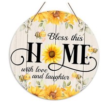 Welcome Door Sign, Bee and Sunflower Wooden Sign Round Decorative Wall Plaque,