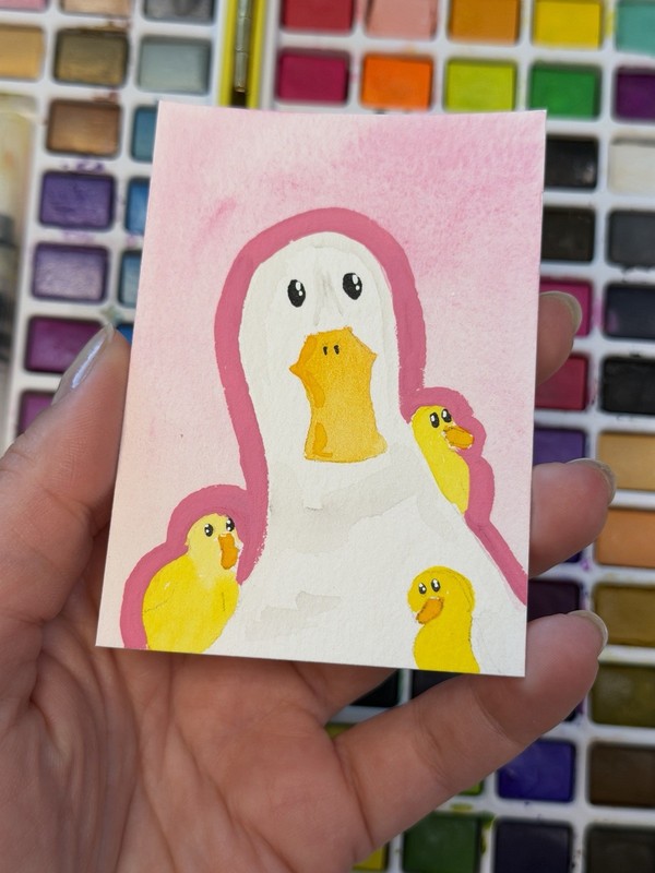 ACEO Original Watercolor Painting 2.5x3.5in/Silly Goose Mom / Mini Art