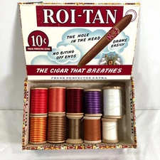 Vintage Roi Tan Cigar Box Wooden Sewing Thread Spools Reds Oranges Purples White