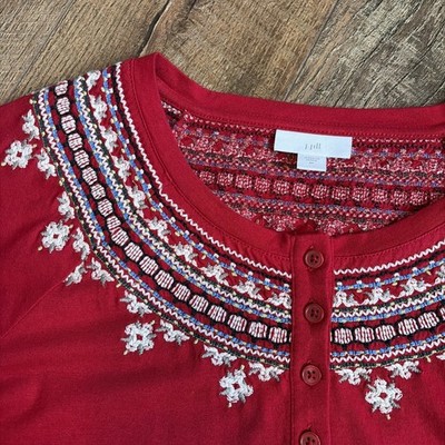 j jill | Nordic Embroidered Henley  Red Cotton Modal Long Sleeve Medium