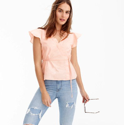 J.Crew Flutter-sleeve wrap top in cotton poplin Subtle Pink Size 0 item #J3968 J