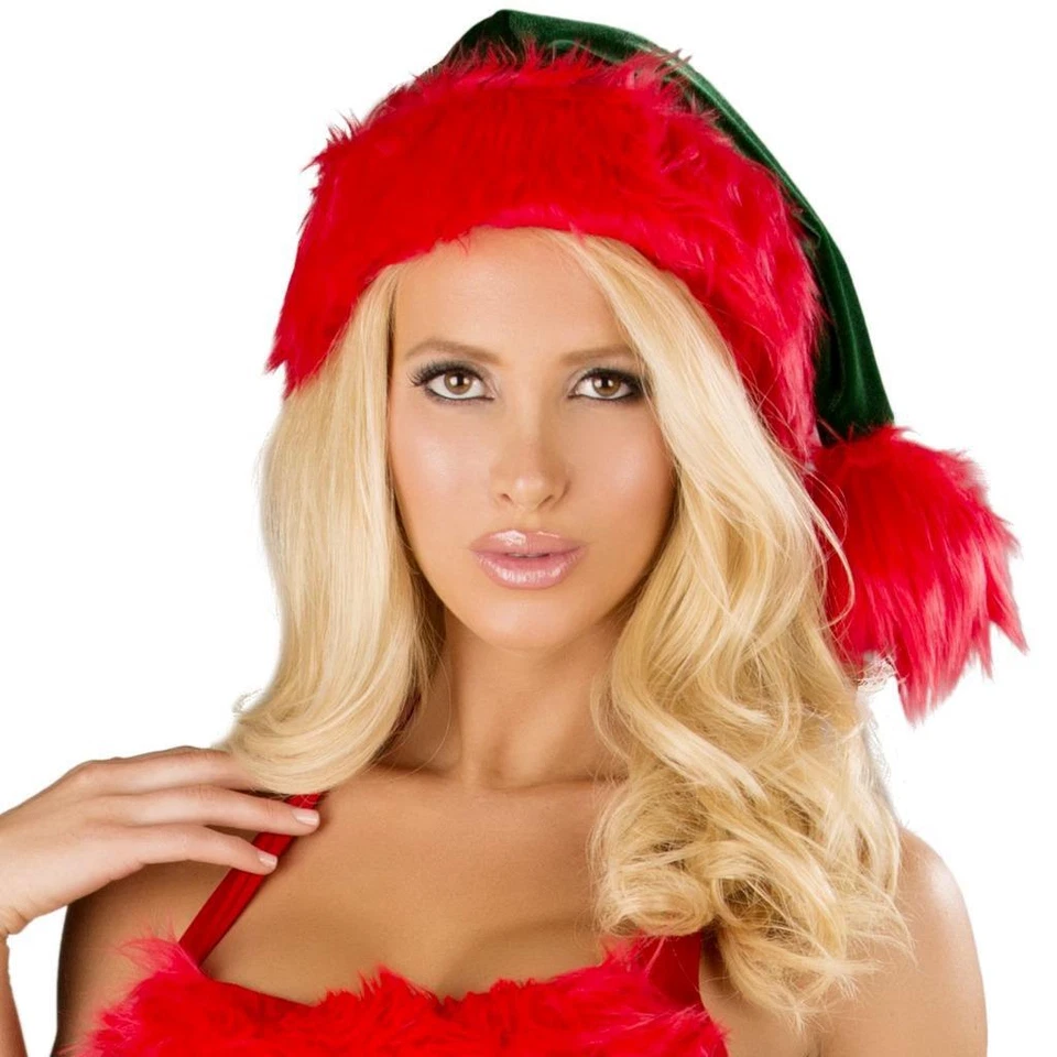 Fantasia de ajudante de Natal Papai Noel chapéu elfo veludo verde acabamento de pele vermelha C160 - Imagem 3 de 4