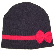 Girls Black Red Bow Knit Beanie Hat OSFM One Size Fits Most