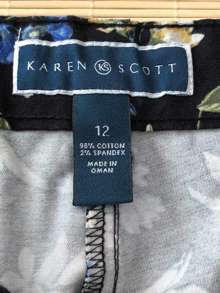 Karen Scott Mujer Talla 12 Capris Crop Negro Azul Crema Floral Cremallera 2 Bolsillos Foto 2 de 4