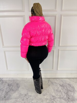 Women Puffer Crop Coat Hot Pink