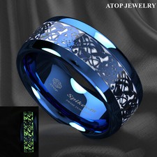 Blue Tungsten Ring Celtic Dragon Center Glow In The Dark ATOP Men Wedding Band