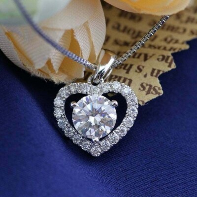 2CT White Lab Created Diamond Lovely Heart Shape Pendant Necklace 925 Silver
