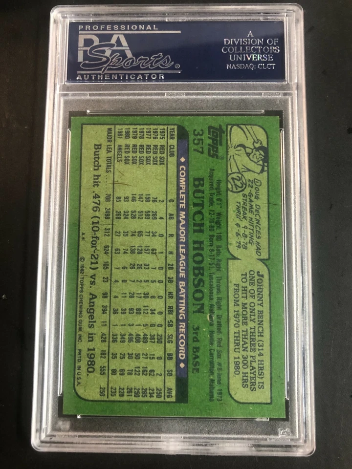 Butch Hobson 1982 Topps Baseball Card #357 Graded PSA 10 GEM MT Low POP 11 - Image 2 of 2