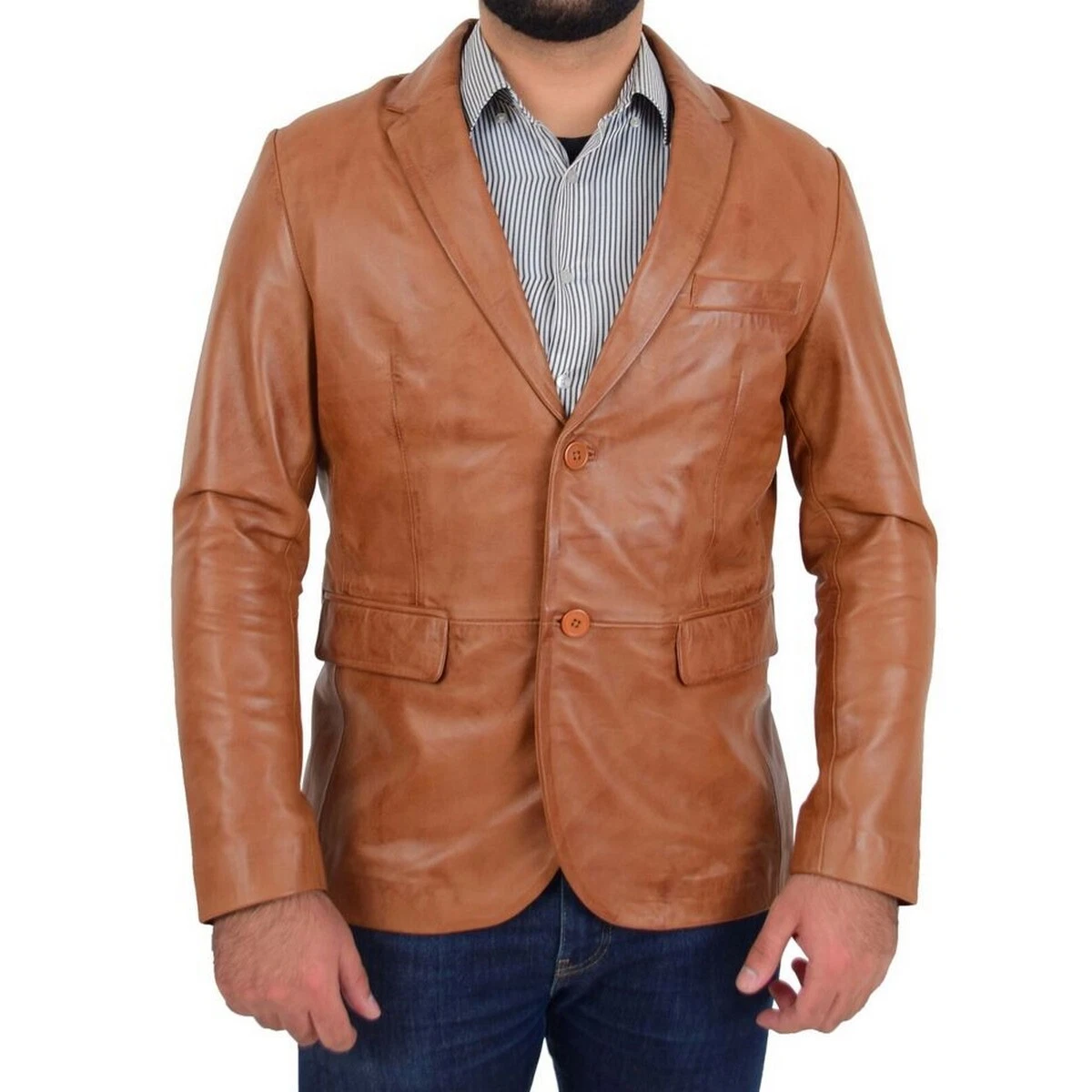 Men's Leather Blazer 100% Pure Soft Tan Lambskin Leather Coat Blazer
