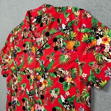 Disney Shirt Mens Large Red Floral Button Up Mickey Mouse Hawaiiian Rayon Blend