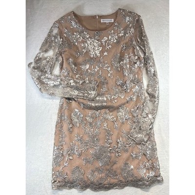 Glam Dress The Population Sequin Floral Mini Dress L Nude Gold Silver Cocktail