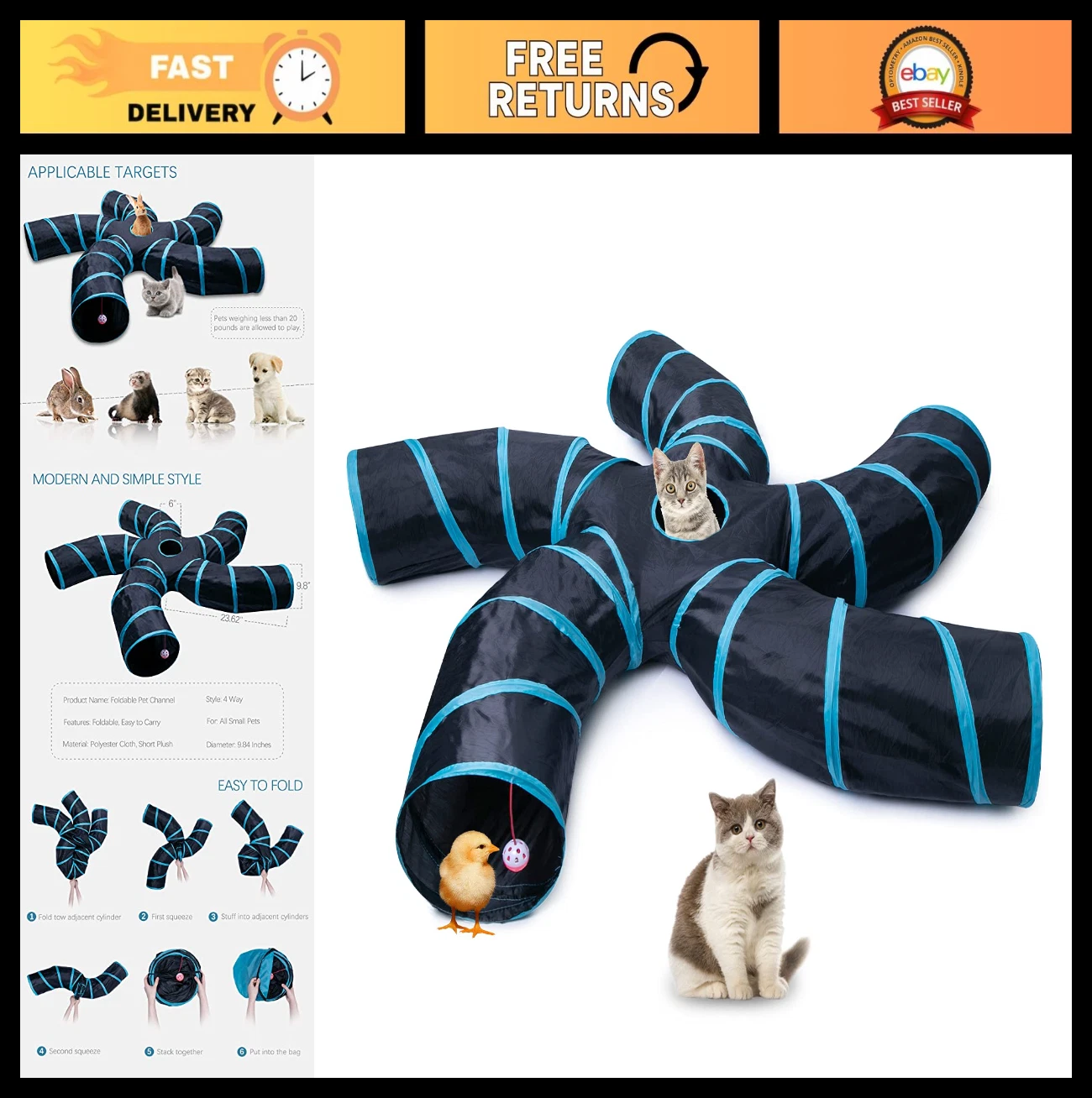 "Large Cat Tunnel with Play Ball - 5-Way Collapsible Interactive Pet Tube for Ca