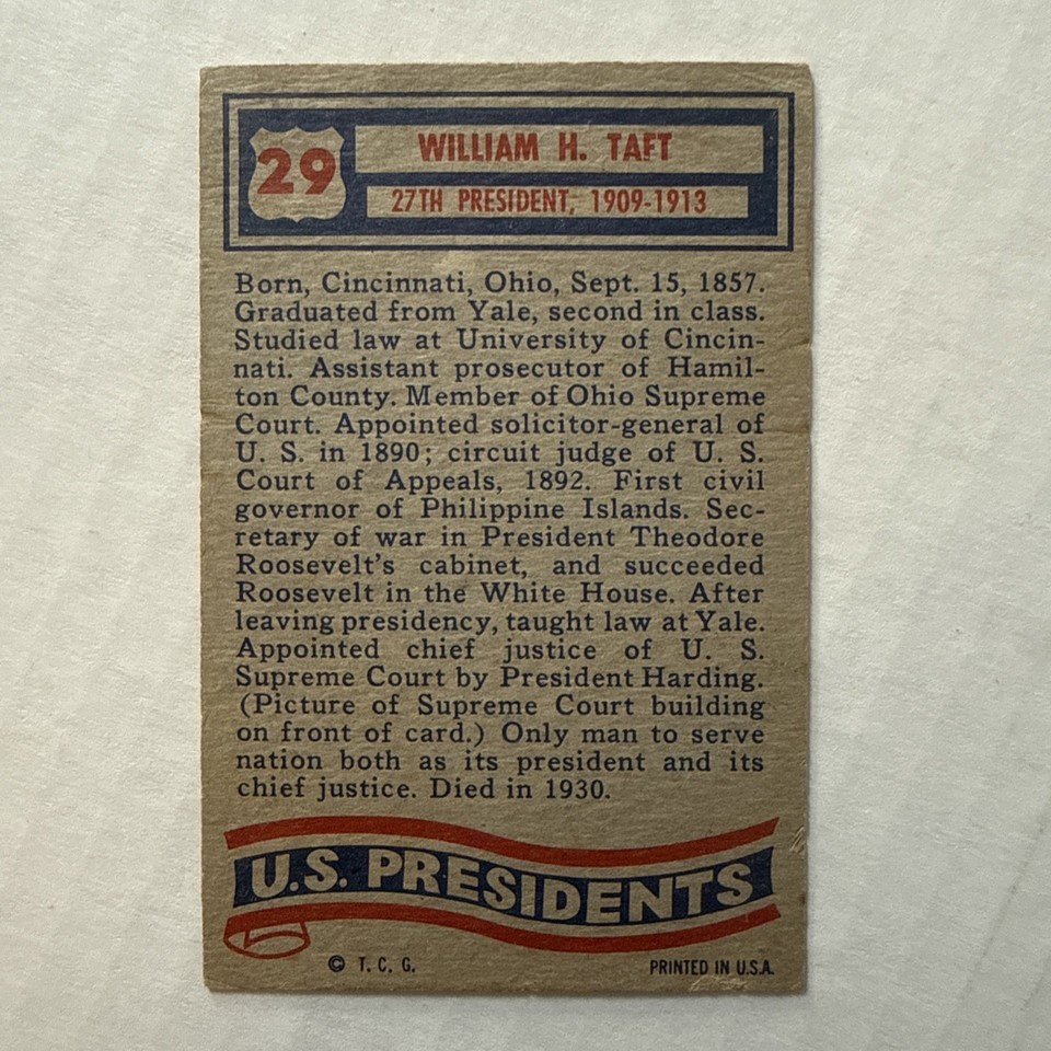 1956 TOPPS U.S. PRESIDENTS WILLIAM H TAFT #29 Vintage Non Sport Card | eBay