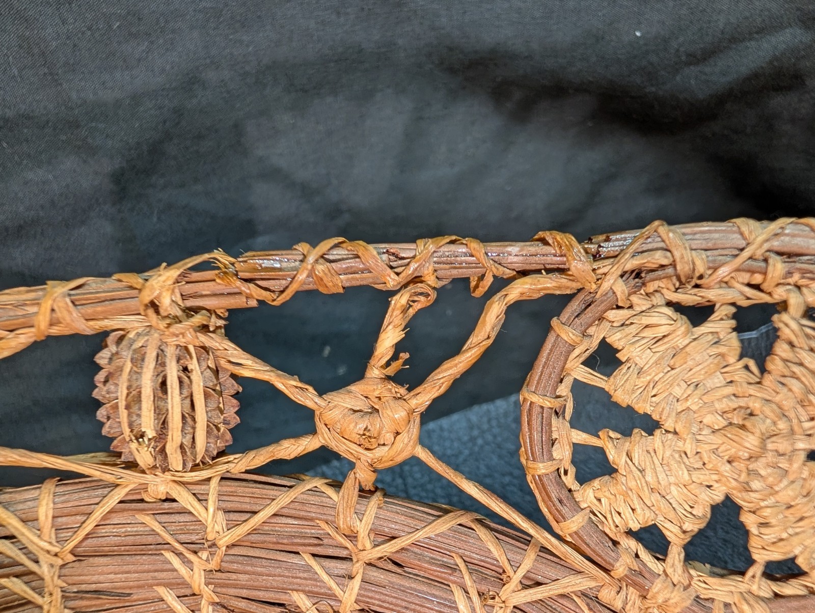 Antique American Pine Needle Basket Compote-Hand Tied- Seed Pod Accents Large 