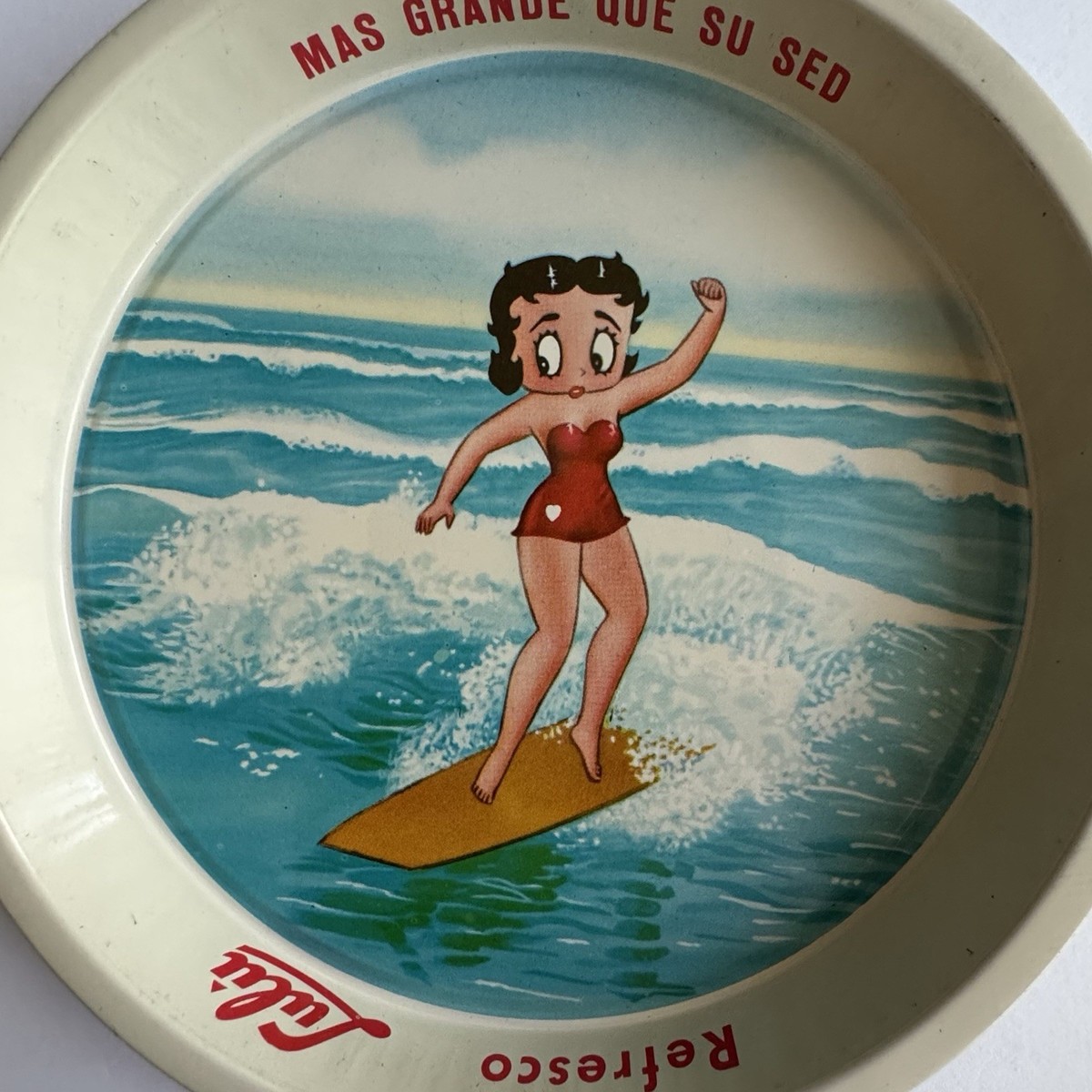 Vintage 1960s Betty Boop Surfing Coca Cola Tin Ashtray Refresco