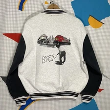Vintage 90s Bnsf Railroad Bomber Jacket Large Banksy Art Trains Sweatshirt Heavy