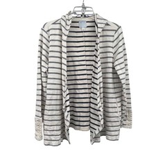Sunday Womens Striped Open Front Hooded Cardigan Lace Trim Navy/Ivory Size Small