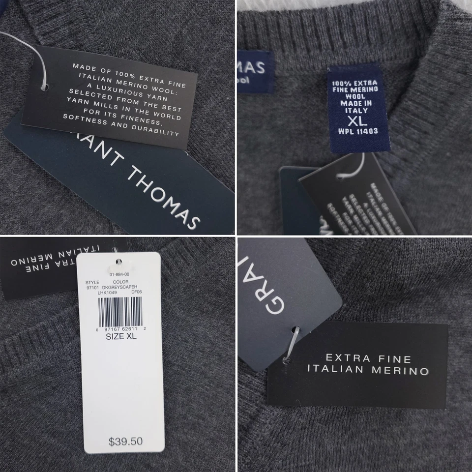 Chaleco Suéter Grant Thomas Italiano Lana Merino Suave Cuello en V Italia Gris Hombres XL NUEVO CON ETIQUETAS Foto 2 de 4
