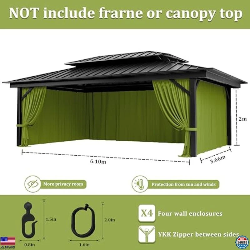 Universal 4-Panel Waterproof Gazebo Curtain Replacement 12' x 20' with Zipper - Image 3 of 4
