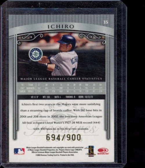 2003 DONRUSS TIMELESS TREASURES ICHIRO SUZUKI GOLD PARALLEL 694/900 HOF - Image 2 of 2