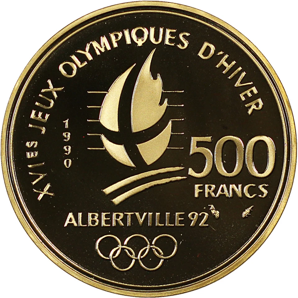 Moneda de 500 francos de oro 1990 Francia 1992 Albertville Olympics patinaje de velocidad prueba Foto 3 de 3