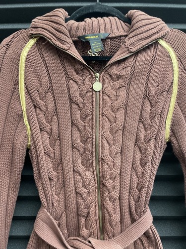 Vintage Rocawear brauner Damenpullover Zopfmuster durchgehender Reißverschluss Größe XL Logo mit Gürtel zum Binden - Bild 2 von 14