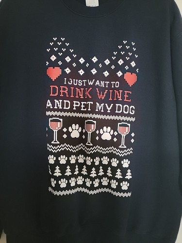 Trinken Sie Wein und Haustier mein Hund lustig hässlich Weihnachten Urlaub Pullover weich marineblau M Haustier